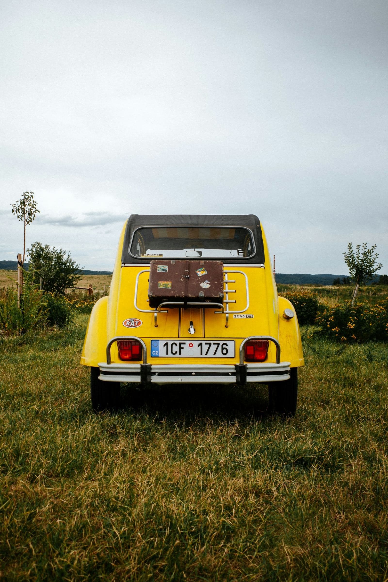 Gul Citroën 2CV på en äng